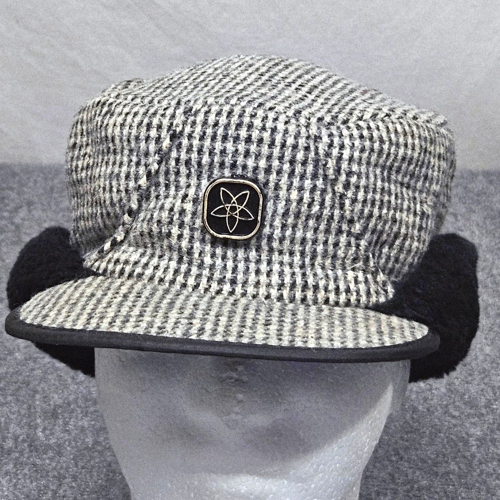 Vintage Houndstooth Trapper Hat Large Black White Faux Fur Ear Flaps Winter Cap